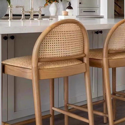Traditional French Arched Rubberwood Rattan Bar Stool Backrest Armless For Dining Room & Kitchen