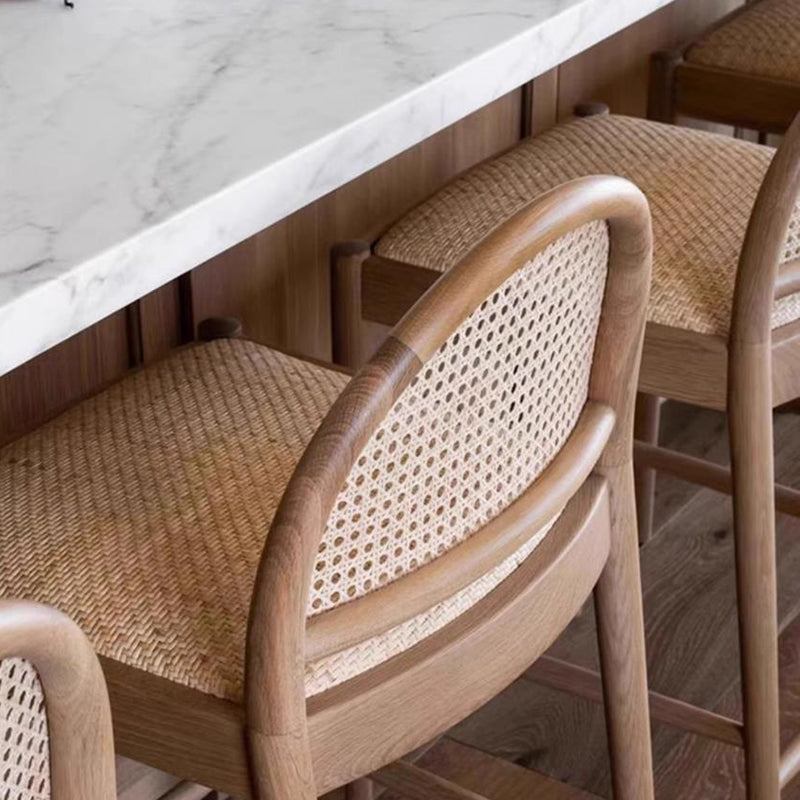 Traditional French Arched Rubberwood Rattan Bar Stool Backrest Armless For Dining Room & Kitchen