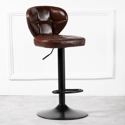 Contemporary Luxury Curved Cylindrical Adjustable Height Faux Oil Wax Leather Metal Bar Stool Backrest Armless For Dining Room & Kitchen
