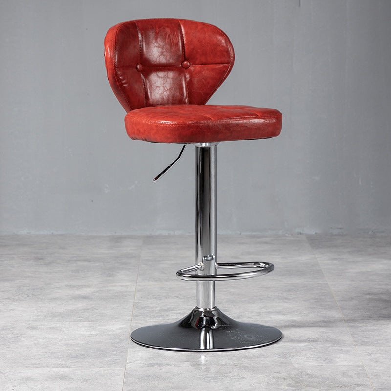Contemporary Luxury Curved Cylindrical Adjustable Height Faux Oil Wax Leather Metal Bar Stool Backrest Armless For Dining Room & Kitchen