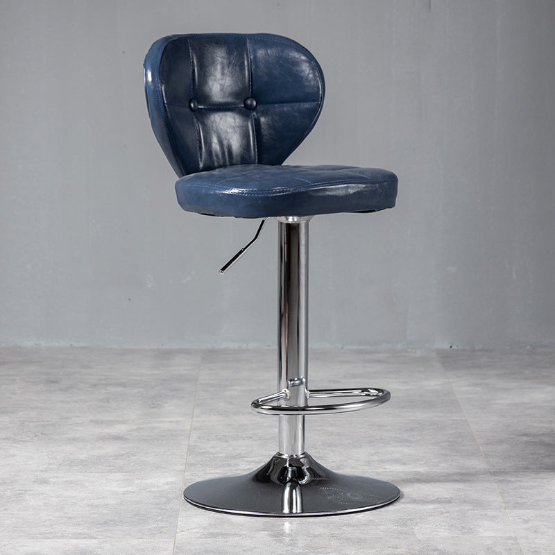 Contemporary Luxury Curved Cylindrical Adjustable Height Faux Oil Wax Leather Metal Bar Stool Backrest Armless For Dining Room & Kitchen