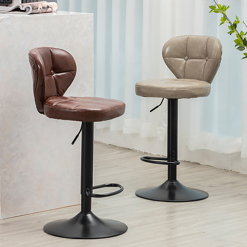 Contemporary Luxury Curved Cylindrical Adjustable Height Faux Oil Wax Leather Metal Bar Stool Backrest Armless For Dining Room & Kitchen