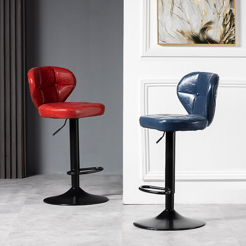 Contemporary Luxury Curved Cylindrical Adjustable Height Faux Oil Wax Leather Metal Bar Stool Backrest Armless For Dining Room & Kitchen