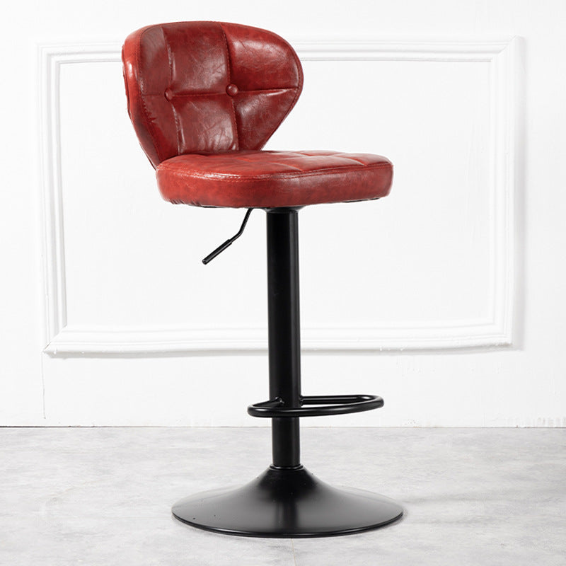 Contemporary Luxury Curved Cylindrical Adjustable Height Faux Oil Wax Leather Metal Bar Stool Backrest Armless For Dining Room & Kitchen