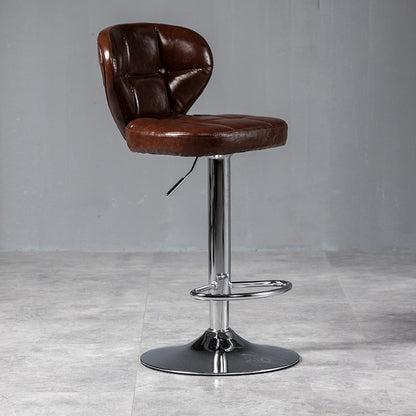 Contemporary Luxury Curved Cylindrical Adjustable Height Faux Oil Wax Leather Metal Bar Stool Backrest Armless For Dining Room & Kitchen
