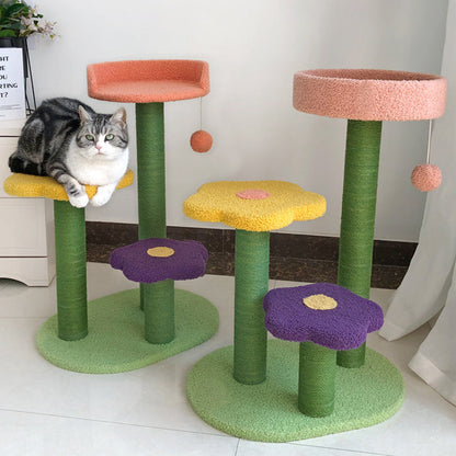 Contemporary Creative Cylindrical Flower-Shaped Medium Density Fiberboard Teddy Velvet Hemp Rope Cat Tree For Bedroom
