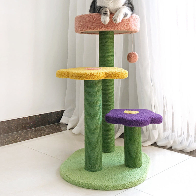 Contemporary Creative Cylindrical Flower-Shaped Medium Density Fiberboard Teddy Velvet Hemp Rope Cat Tree For Bedroom