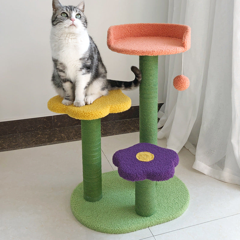 Contemporary Creative Cylindrical Flower-Shaped Medium Density Fiberboard Teddy Velvet Hemp Rope Cat Tree For Bedroom