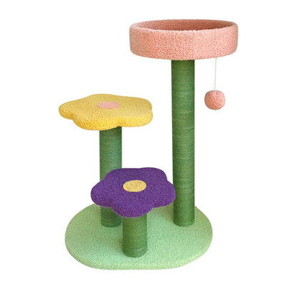 Contemporary Creative Cylindrical Flower-Shaped Medium Density Fiberboard Teddy Velvet Hemp Rope Cat Tree For Bedroom