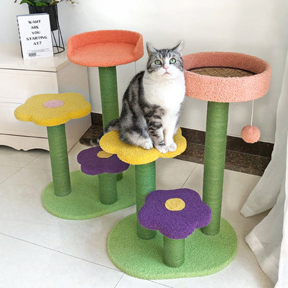Contemporary Creative Cylindrical Flower-Shaped Medium Density Fiberboard Teddy Velvet Hemp Rope Cat Tree For Bedroom
