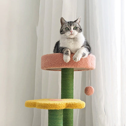 Contemporary Creative Cylindrical Flower-Shaped Medium Density Fiberboard Teddy Velvet Hemp Rope Cat Tree For Bedroom