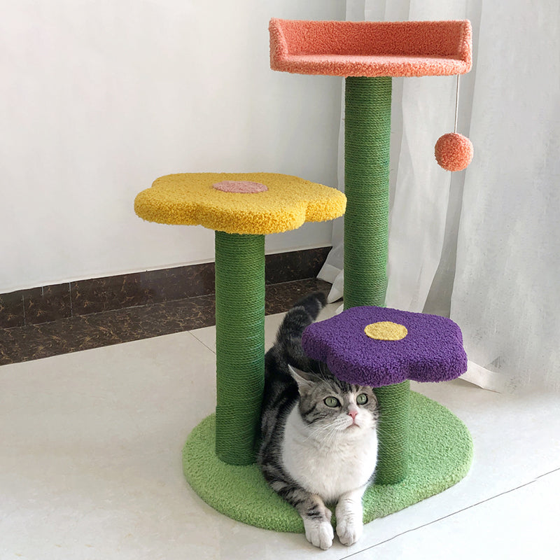 Contemporary Creative Cylindrical Flower-Shaped Medium Density Fiberboard Teddy Velvet Hemp Rope Cat Tree For Bedroom