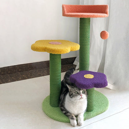 Contemporary Creative Cylindrical Flower-Shaped Medium Density Fiberboard Teddy Velvet Hemp Rope Cat Tree For Bedroom
