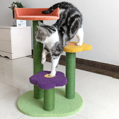 Contemporary Creative Cylindrical Flower-Shaped Medium Density Fiberboard Teddy Velvet Hemp Rope Cat Tree For Bedroom