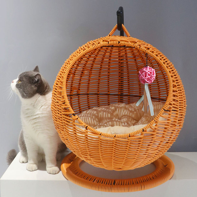 Contemporary Boho Round Ball-Shaped PP Rattan Seagrass Kraft Paper Hammock Cat Bed For Bedroom