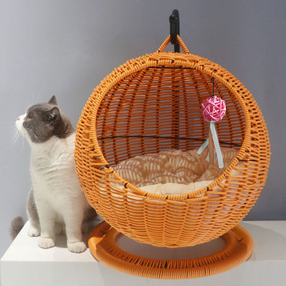 Contemporary Boho Round Ball-Shaped PP Rattan Seagrass Kraft Paper Hammock Cat Bed For Bedroom