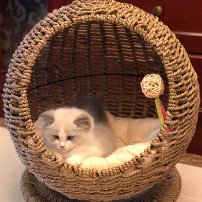 Contemporary Boho Round Ball-Shaped PP Rattan Seagrass Kraft Paper Hammock Cat Bed For Bedroom