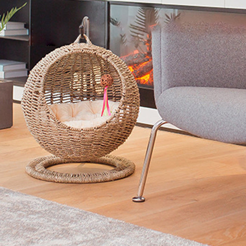 Contemporary Boho Round Ball-Shaped PP Rattan Seagrass Kraft Paper Hammock Cat Bed For Bedroom