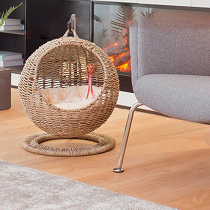 Contemporary Boho Round Ball-Shaped PP Rattan Seagrass Kraft Paper Hammock Cat Bed For Bedroom