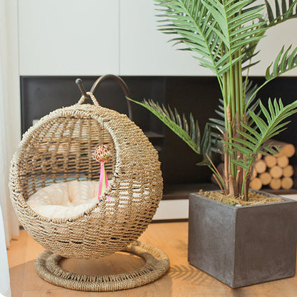 Contemporary Boho Round Ball-Shaped PP Rattan Seagrass Kraft Paper Hammock Cat Bed For Bedroom