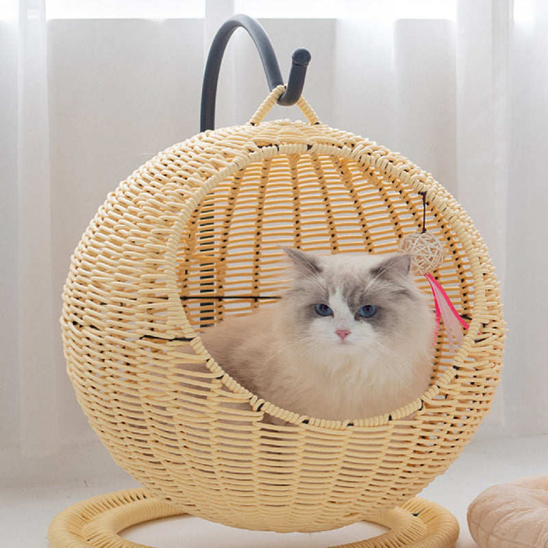 Contemporary Boho Round Ball-Shaped PP Rattan Seagrass Kraft Paper Hammock Cat Bed For Bedroom