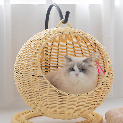 Contemporary Boho Round Ball-Shaped PP Rattan Seagrass Kraft Paper Hammock Cat Bed For Bedroom