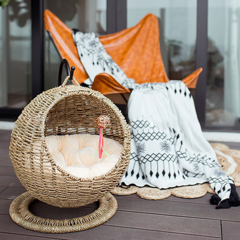 Contemporary Boho Round Ball-Shaped PP Rattan Seagrass Kraft Paper Hammock Cat Bed For Bedroom