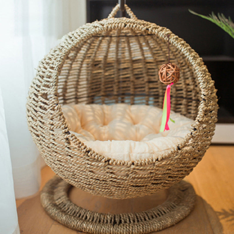 Contemporary Boho Round Ball-Shaped PP Rattan Seagrass Kraft Paper Hammock Cat Bed For Bedroom