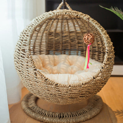Contemporary Boho Round Ball-Shaped PP Rattan Seagrass Kraft Paper Hammock Cat Bed For Bedroom