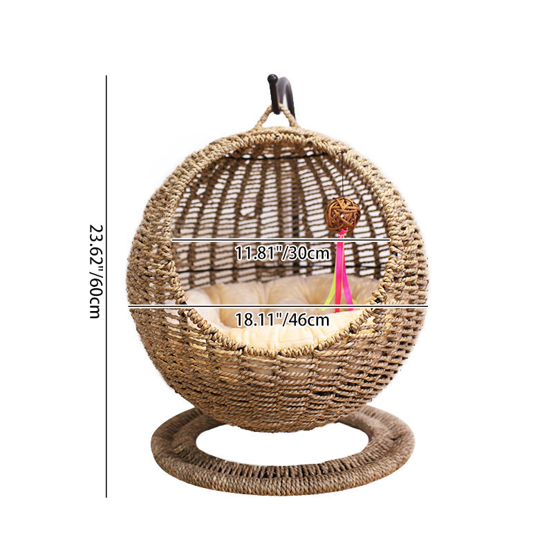 Contemporary Boho Round Ball-Shaped PP Rattan Seagrass Kraft Paper Hammock Cat Bed For Bedroom