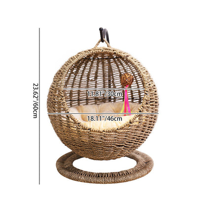 Contemporary Boho Round Ball-Shaped PP Rattan Seagrass Kraft Paper Hammock Cat Bed For Bedroom