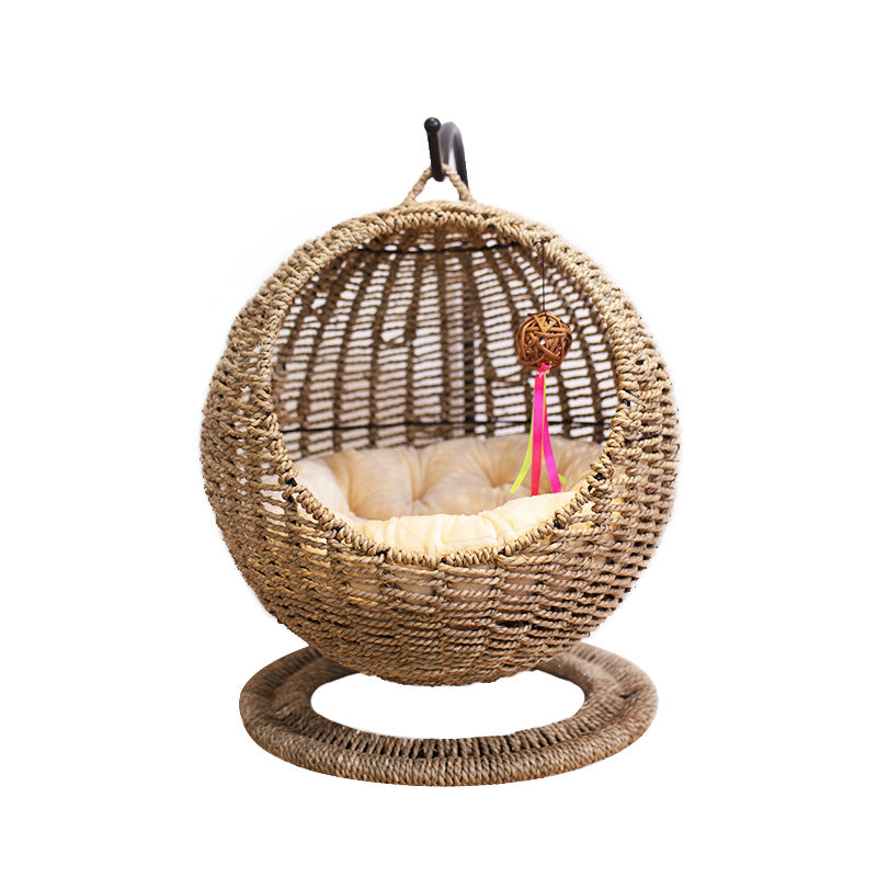 Contemporary Boho Round Ball-Shaped PP Rattan Seagrass Kraft Paper Hammock Cat Bed For Bedroom