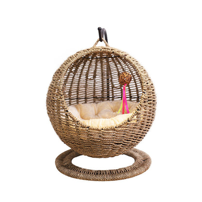 Contemporary Boho Round Ball-Shaped PP Rattan Seagrass Kraft Paper Hammock Cat Bed For Bedroom
