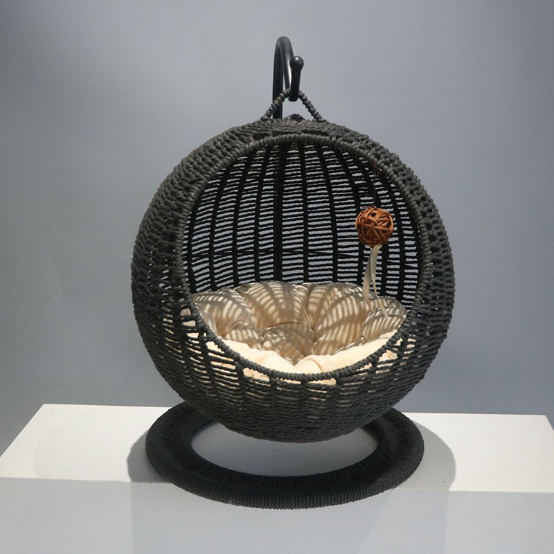Contemporary Boho Round Ball-Shaped PP Rattan Seagrass Kraft Paper Hammock Cat Bed For Bedroom