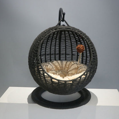 Contemporary Boho Round Ball-Shaped PP Rattan Seagrass Kraft Paper Hammock Cat Bed For Bedroom