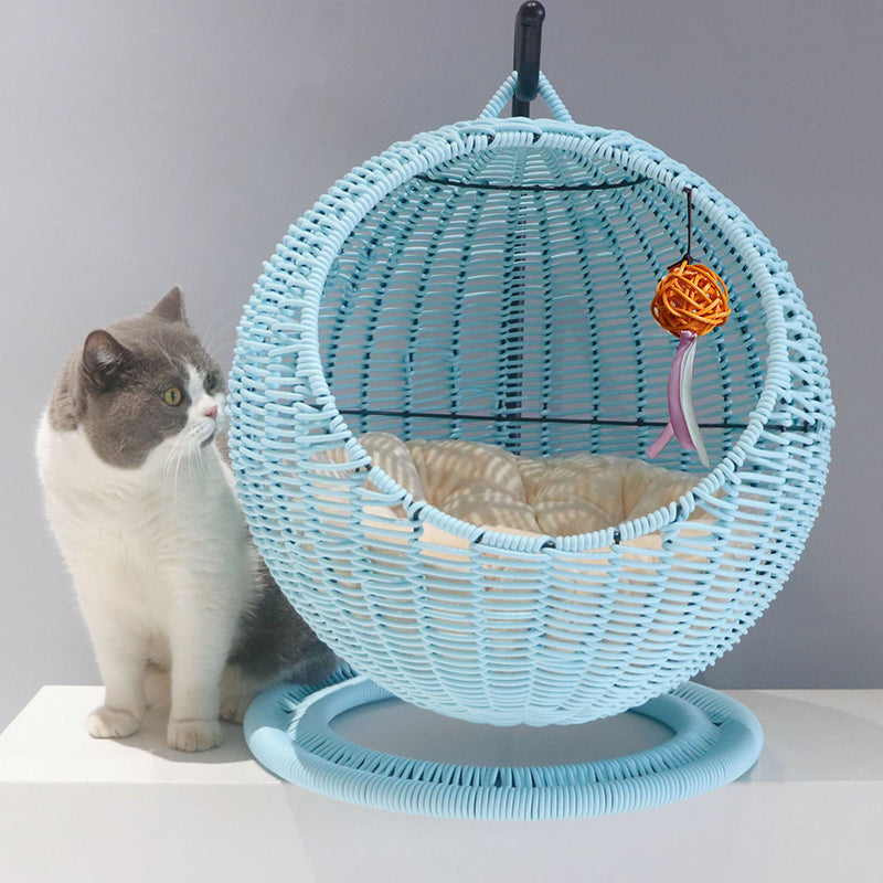 Contemporary Boho Round Ball-Shaped PP Rattan Seagrass Kraft Paper Hammock Cat Bed For Bedroom