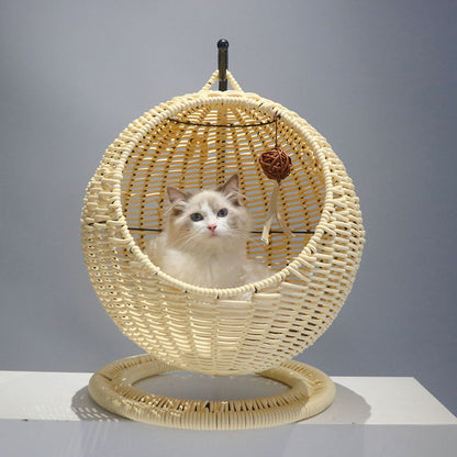 Contemporary Boho Round Ball-Shaped PP Rattan Seagrass Kraft Paper Hammock Cat Bed For Bedroom