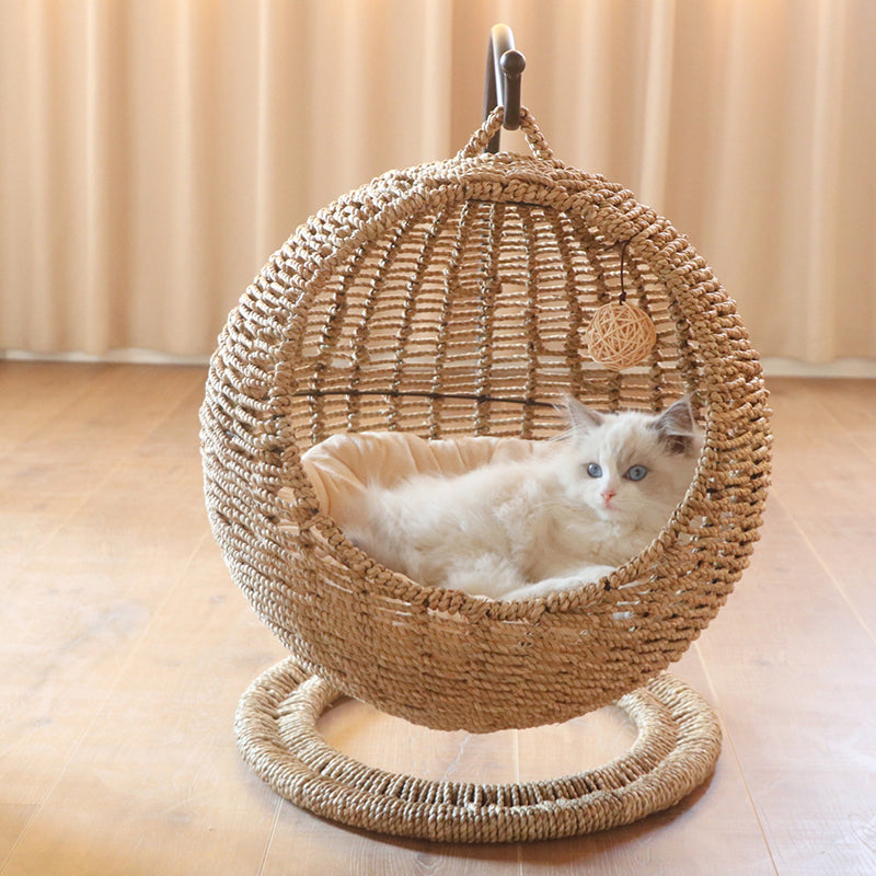 Contemporary Boho Round Ball-Shaped PP Rattan Seagrass Kraft Paper Hammock Cat Bed For Bedroom