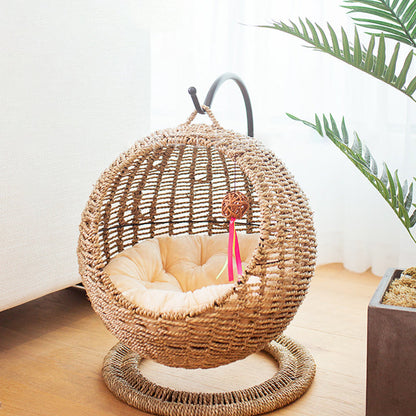Contemporary Boho Round Ball-Shaped PP Rattan Seagrass Kraft Paper Hammock Cat Bed For Bedroom