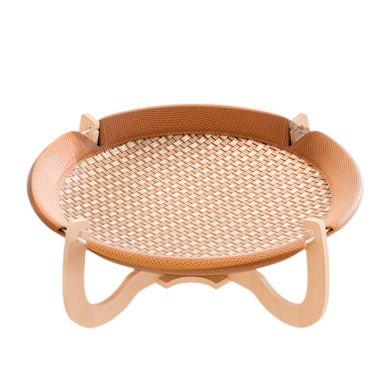Contemporary Boho Round Rattan Mat Solid Wood Multi-Layer Board Fabric Medium Density Fiberboard Cat Bed For Bedroom