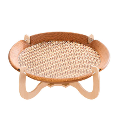 Contemporary Boho Round Rattan Mat Solid Wood Multi-Layer Board Fabric Medium Density Fiberboard Cat Bed For Bedroom