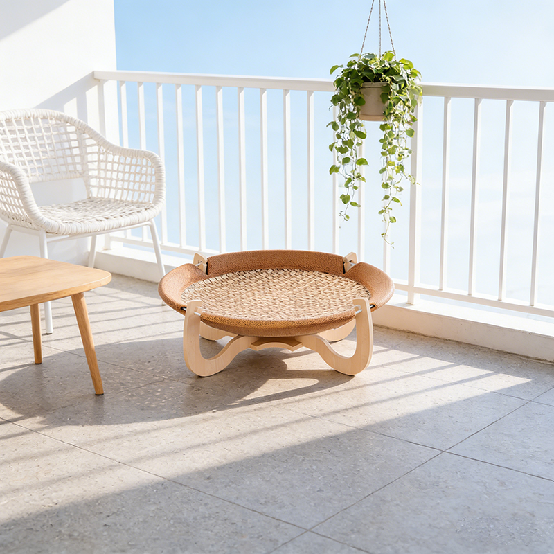 Contemporary Boho Round Rattan Mat Solid Wood Multi-Layer Board Fabric Medium Density Fiberboard Cat Bed For Bedroom