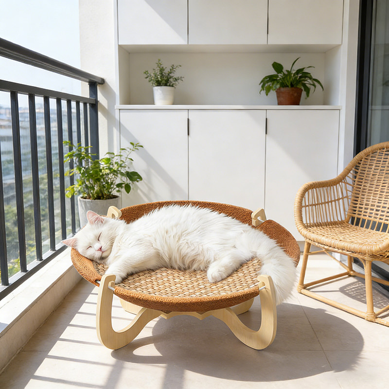 Contemporary Boho Round Rattan Mat Solid Wood Multi-Layer Board Fabric Medium Density Fiberboard Cat Bed For Bedroom