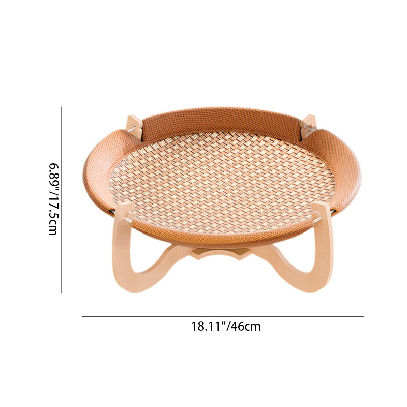 Contemporary Boho Round Rattan Mat Solid Wood Multi-Layer Board Fabric Medium Density Fiberboard Cat Bed For Bedroom