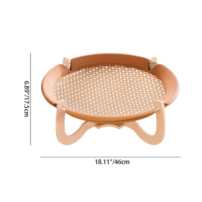 Contemporary Boho Round Rattan Mat Solid Wood Multi-Layer Board Fabric Medium Density Fiberboard Cat Bed For Bedroom