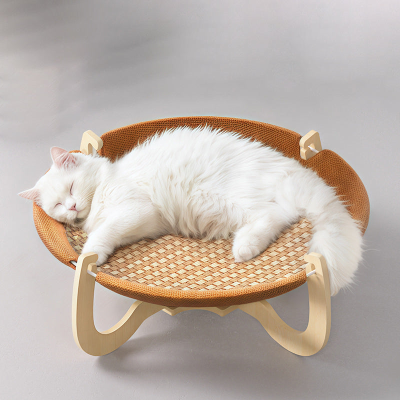 Contemporary Boho Round Rattan Mat Solid Wood Multi-Layer Board Fabric Medium Density Fiberboard Cat Bed For Bedroom