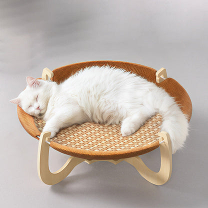 Contemporary Boho Round Rattan Mat Solid Wood Multi-Layer Board Fabric Medium Density Fiberboard Cat Bed For Bedroom