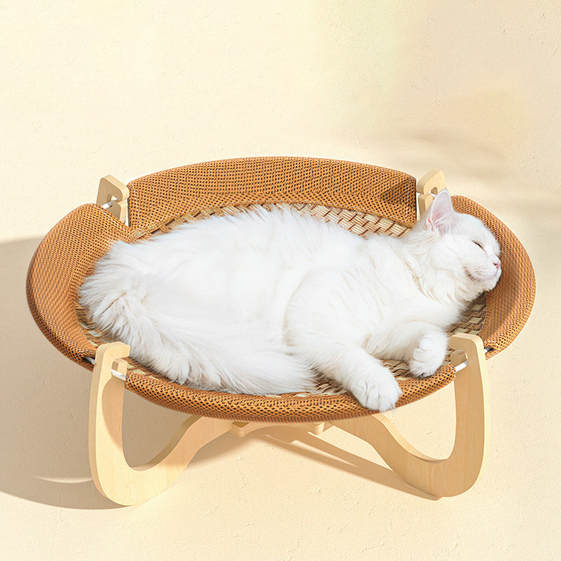 Contemporary Boho Round Rattan Mat Solid Wood Multi-Layer Board Fabric Medium Density Fiberboard Cat Bed For Bedroom
