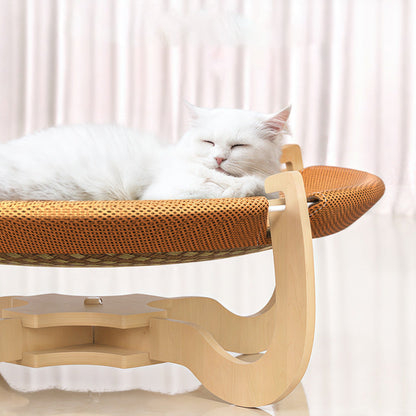 Contemporary Boho Round Rattan Mat Solid Wood Multi-Layer Board Fabric Medium Density Fiberboard Cat Bed For Bedroom
