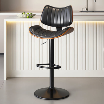 Contemporary Luxury Curved Rectangular Solid Wood PU Leather Iron Steel Swivel Height-Adjustable Bar Stool Backrest Armless For Dining Room & Kitchen